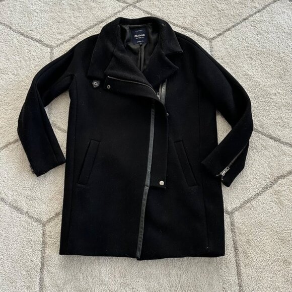 Madewell City GridCoat Black Wool Blend Cold Weather Coat Asymmetric Zipper Sz 2 - Picture 5 of 13
